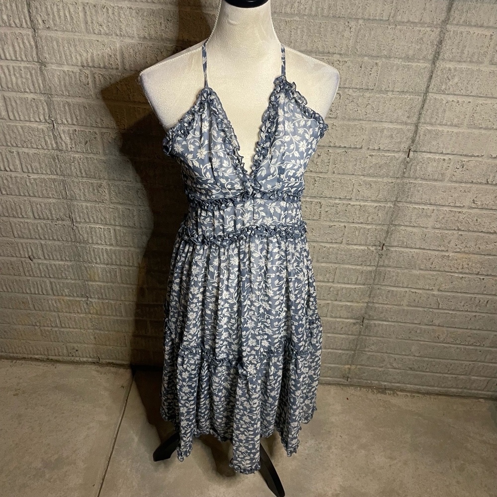 NWT Angel Biba Blue White Floral Low Back Criss Cross Tiered Dress Size XS